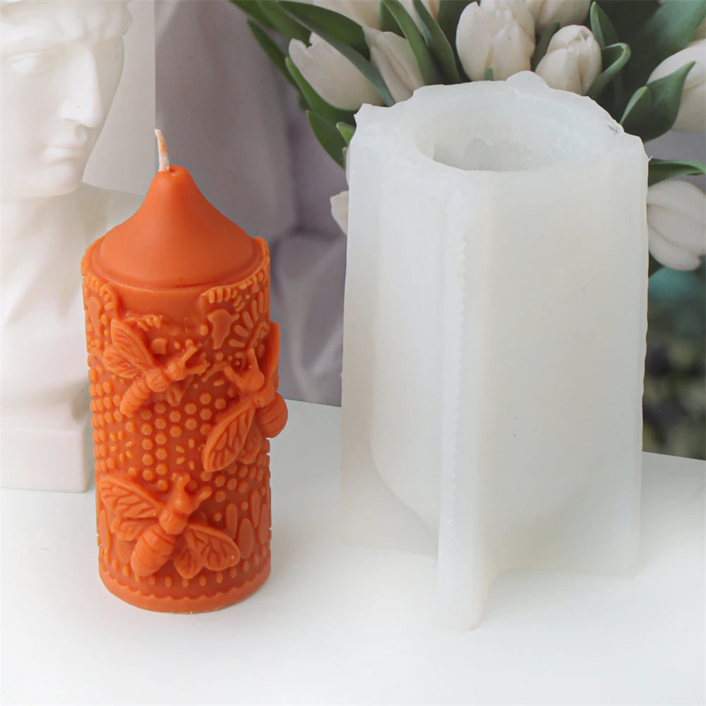 Embossed Bee Pillar Candle Silicone Mold