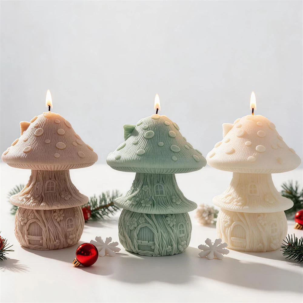 Whimsical mushroom house candle with windows vines leaves and spotted cap