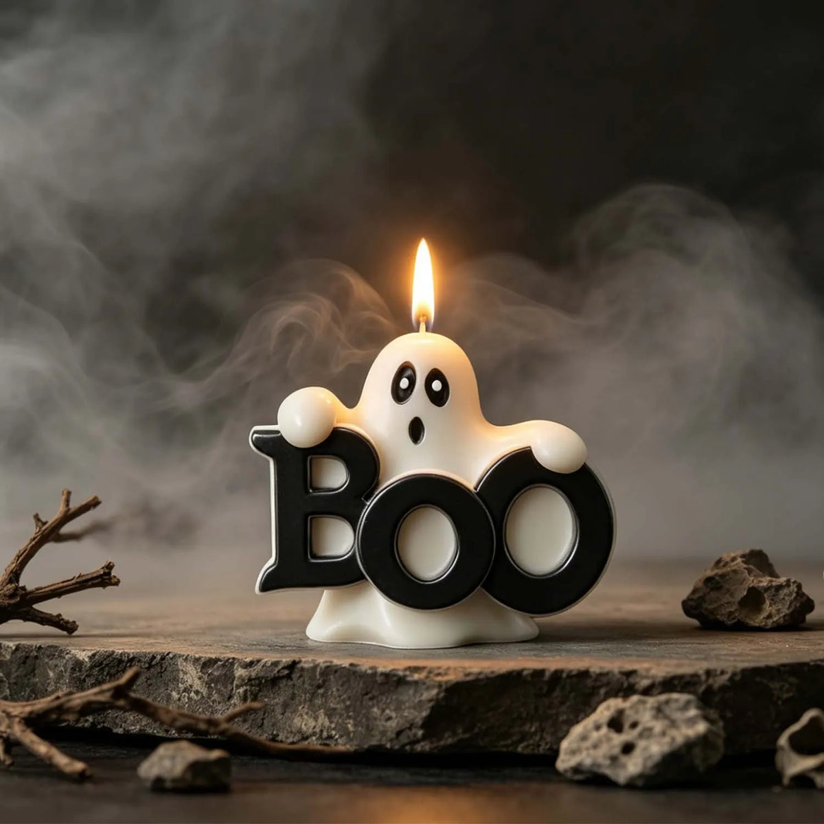 BOO ghost Halloween candle with large raised spooky lettering