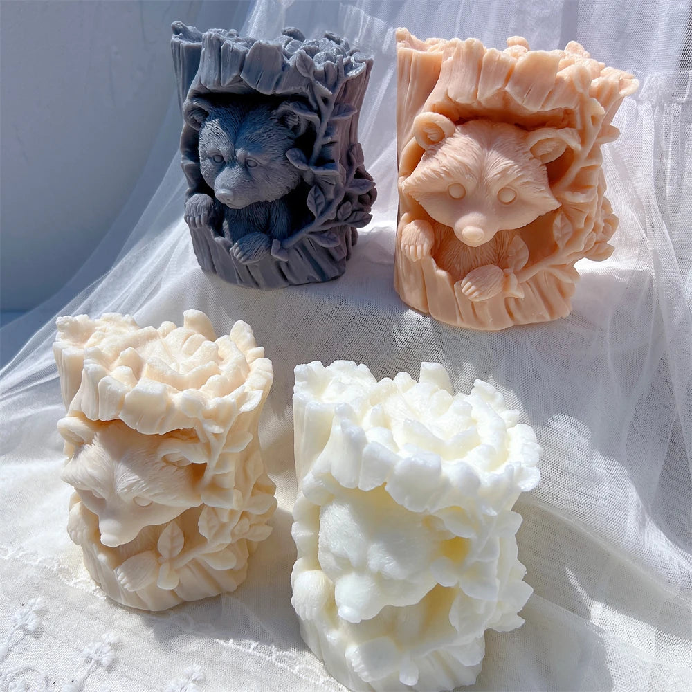 Raccoon and Bear Hiding In Tree Trunk Silicone Candle Mold