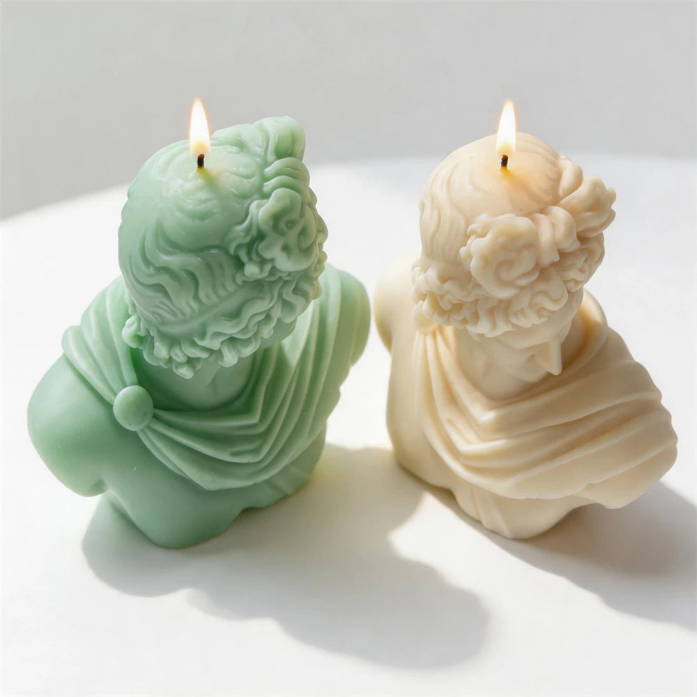Apollo Greek statue silicone candle mold standing on a shelf.