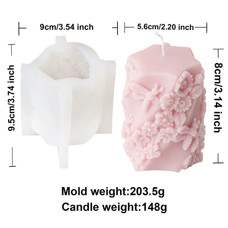 3D Relief Bees Cylindrical Floral Pillar Candle Silicone Mold