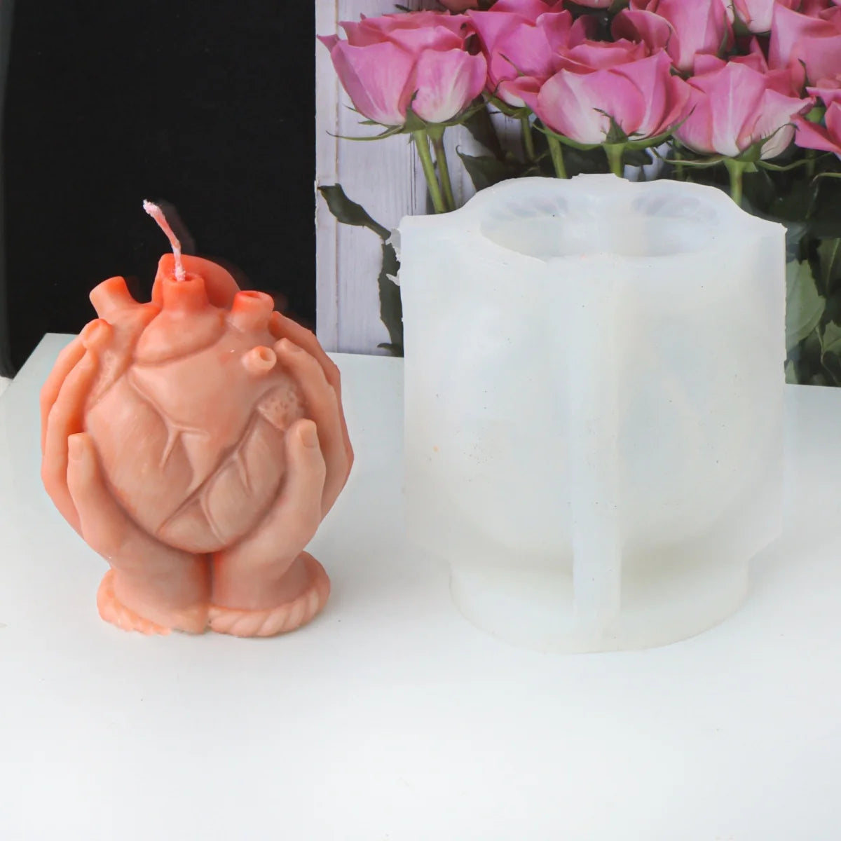 3D Hand Holding Rose Heart Skull Silicone Mold