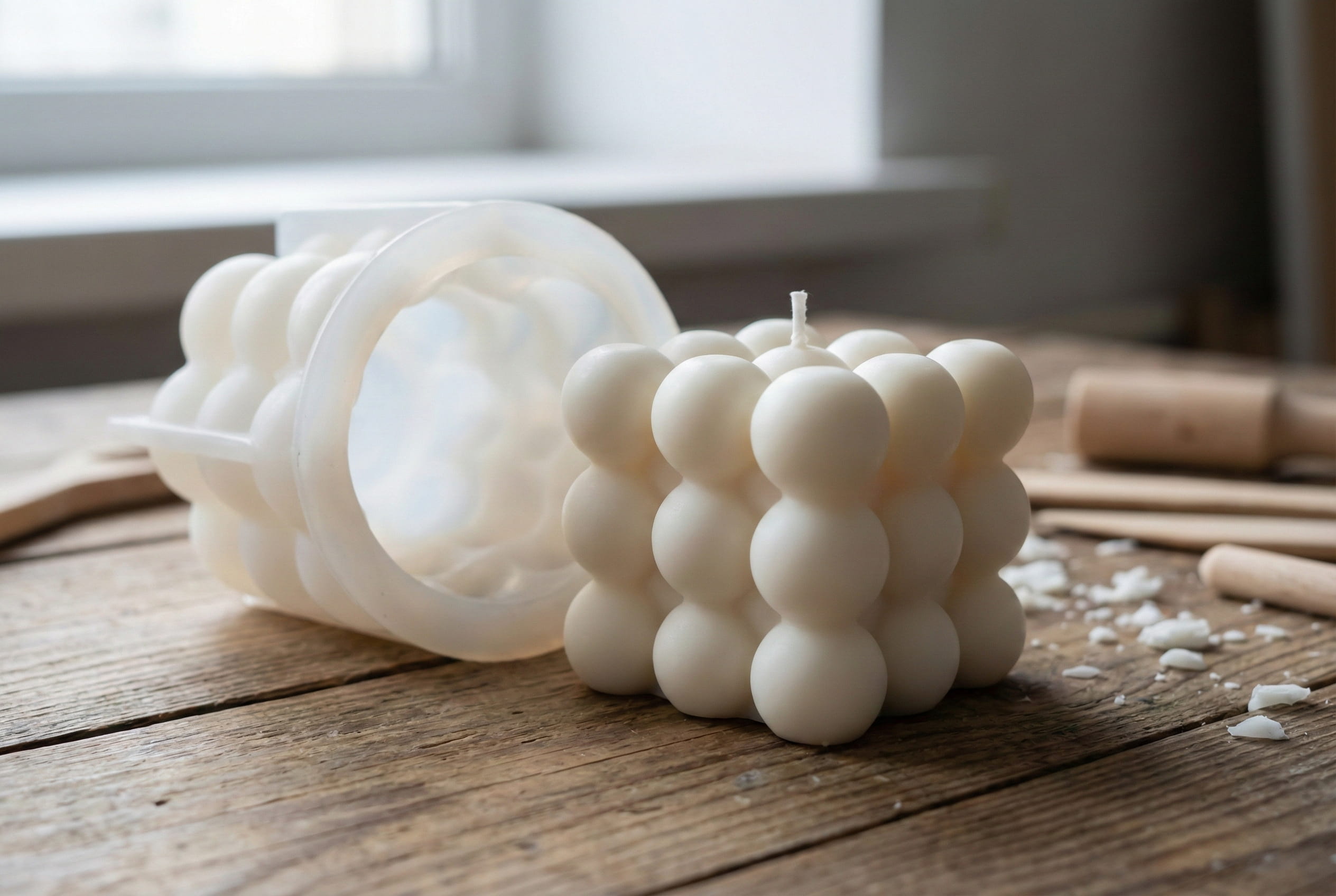 A perfectly poured white soy wax bubble candle sitting next to a flexible silicone mold on a wooden workshop table.