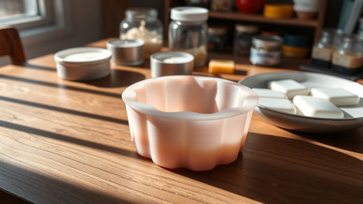 A well-used silicone candle mold surrounded by candle-making supplies.