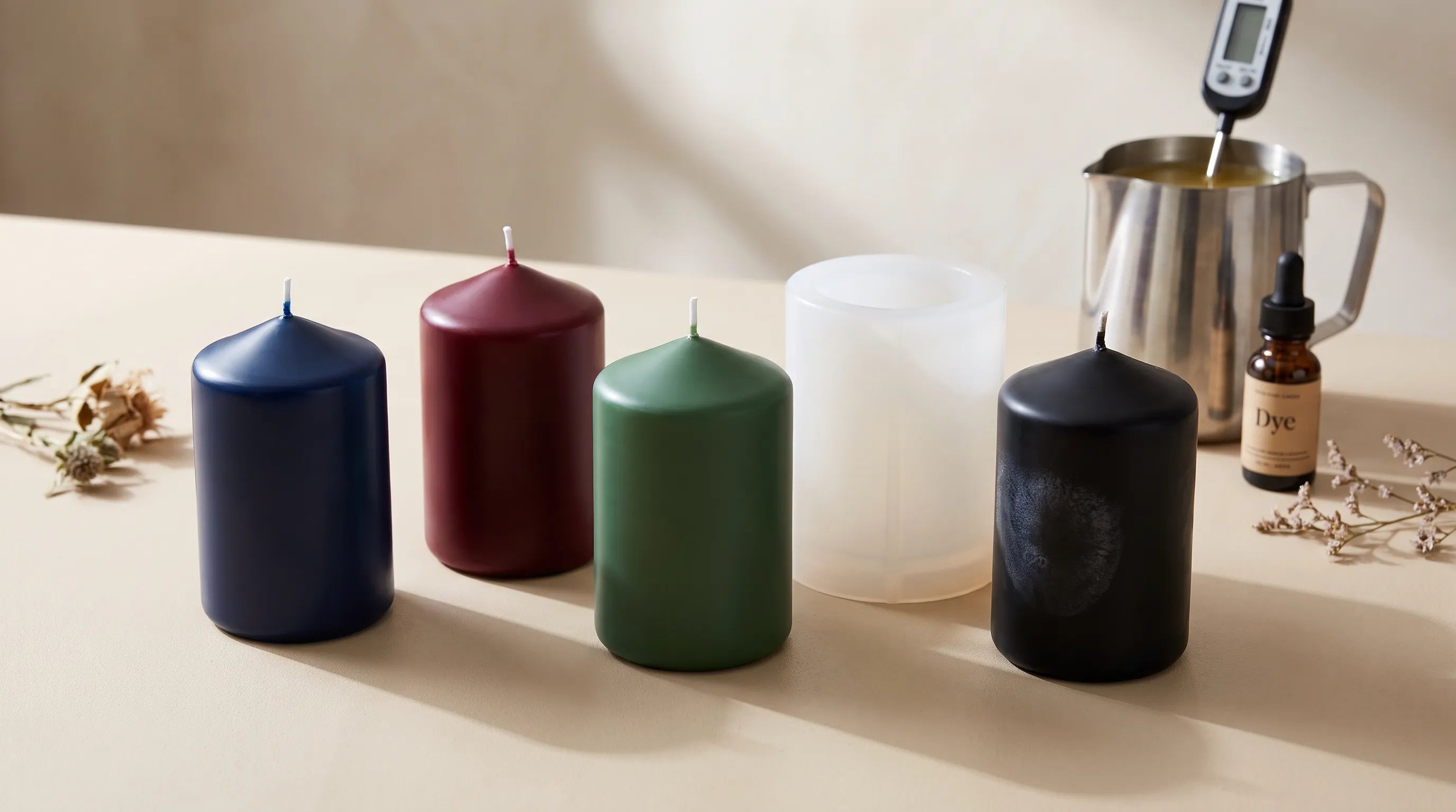 Colored molded candles in navy, burgundy, forest green, and black beside silicone candle molds, wax pitcher, dye bottle, and thermometer showing candle frosting prevention tools