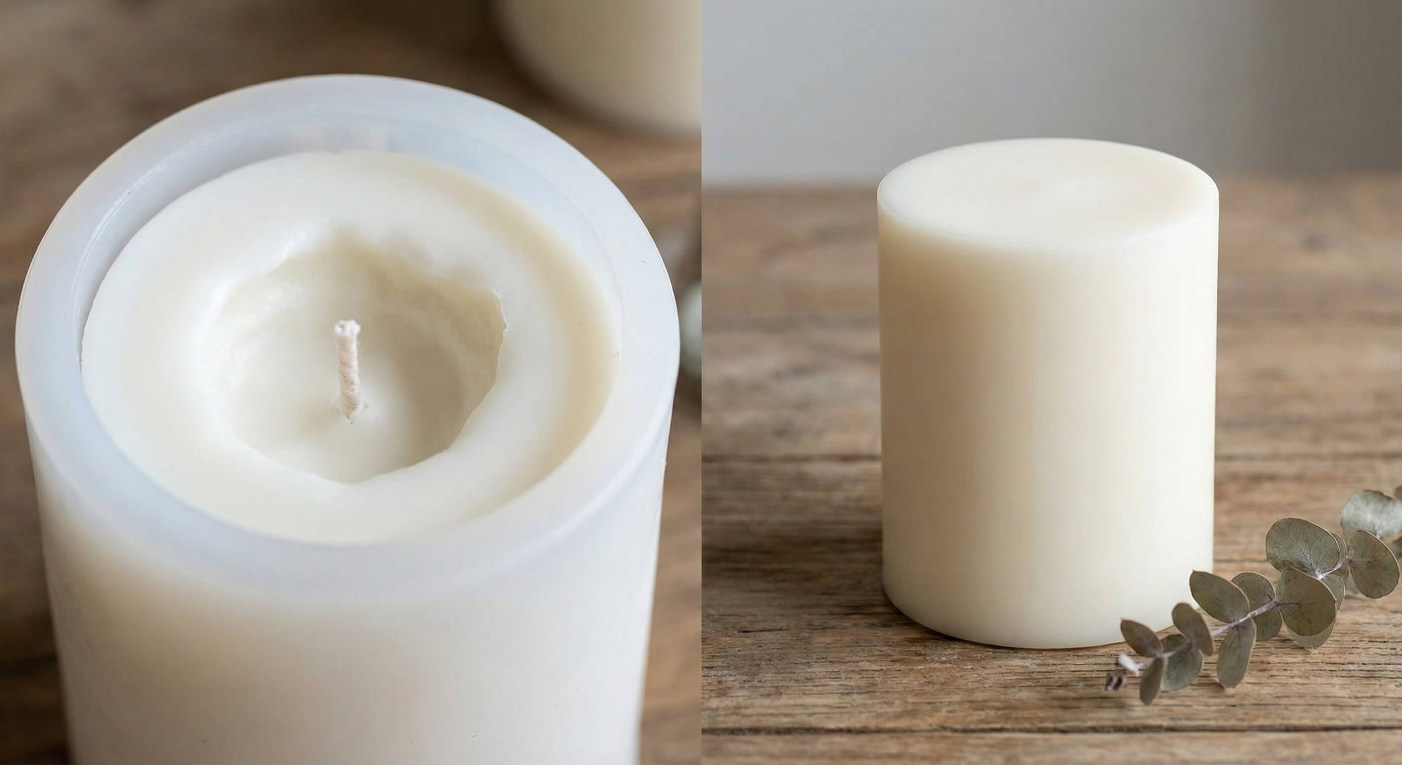 Split screen comparison: A pillar candle with a deep sinkhole on the left versus a perfectly smooth, finished candle on the right, demonstrating the result of fixing sinkholes.