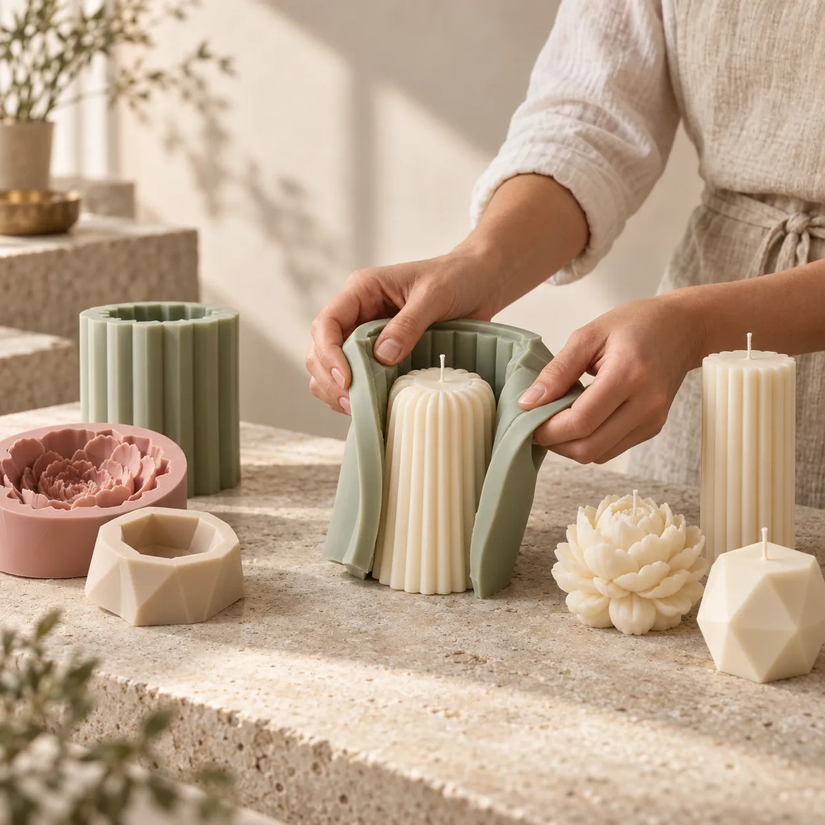 Silicone candle molds and finished sculptural candles arranged in a professional candle-making workshop