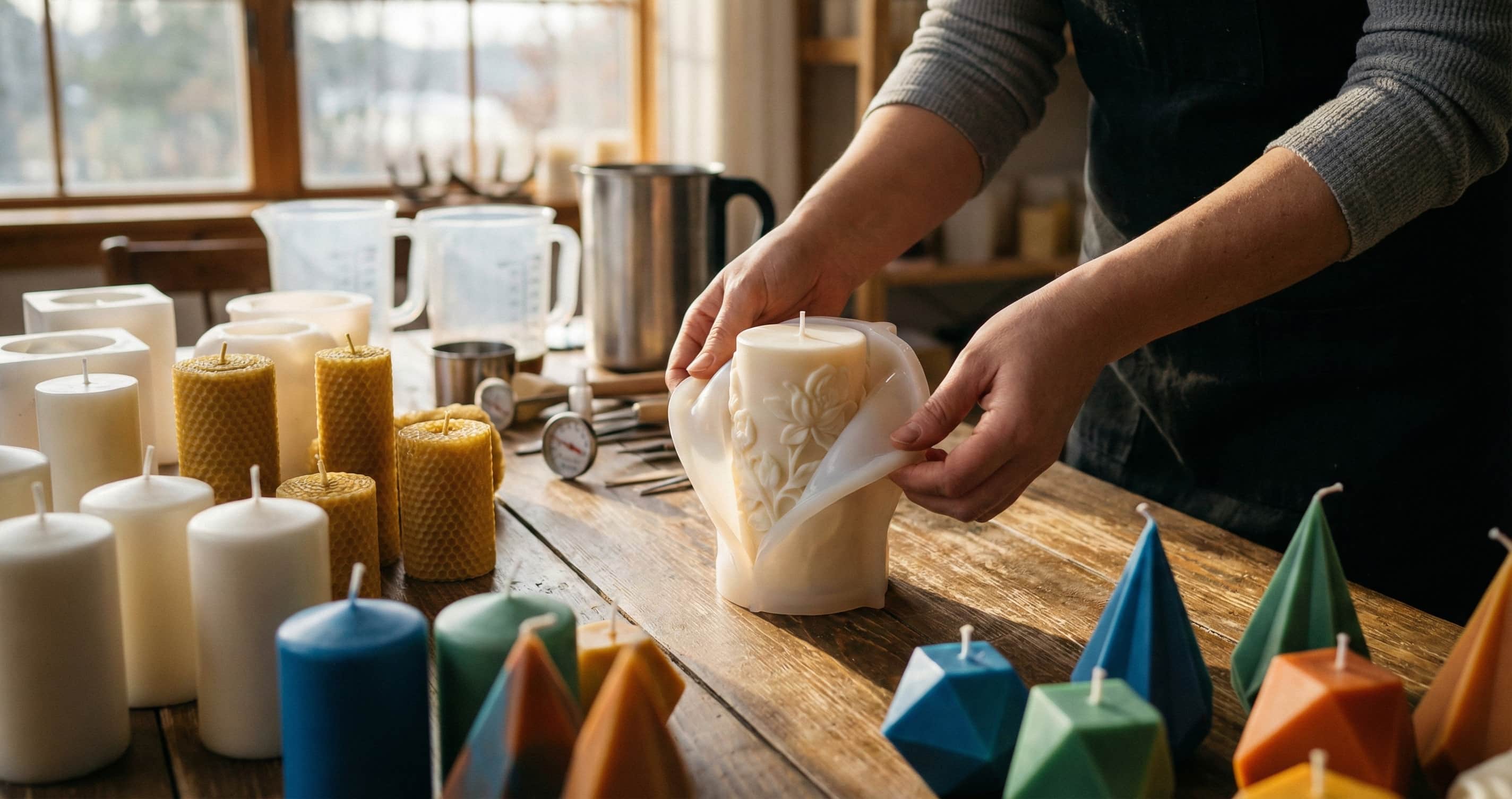 artisan workshop scene with hands gently peeling back flexible translucent silicone mold to reveal perfect intricate 3D pillar candle in smooth soy wax, surrounded by array of finished freestanding candles