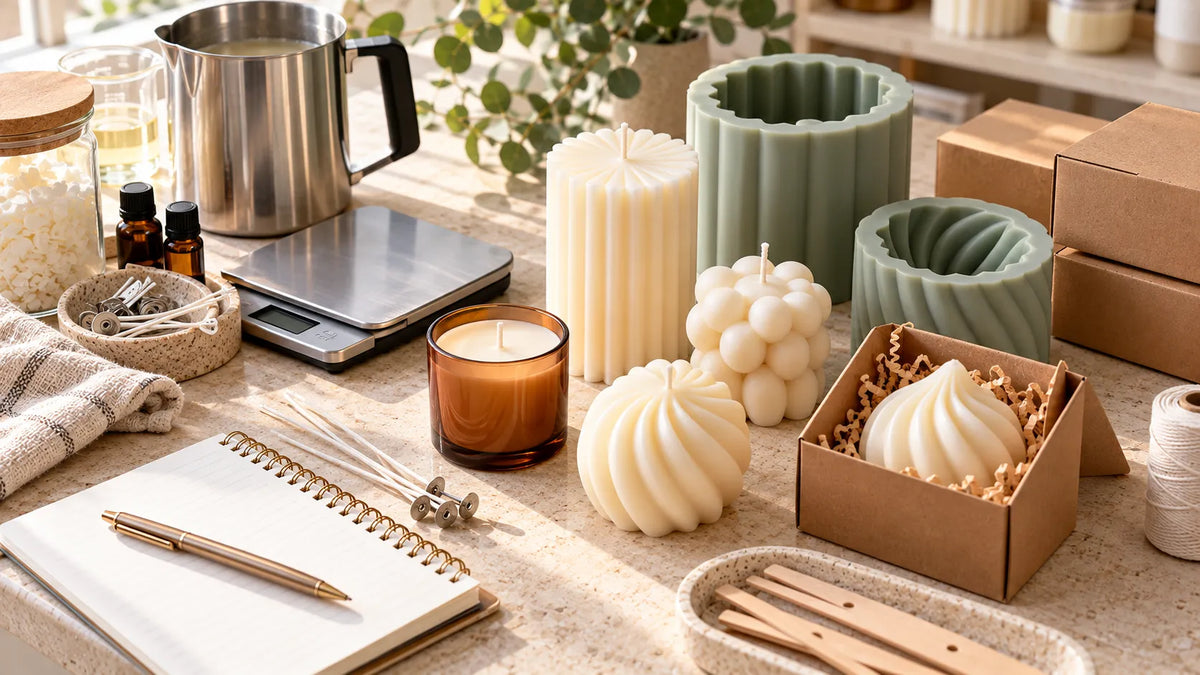 Organized candle business workspace with finished pillar and container candles, silicone molds, testing supplies and a planning notebook.
