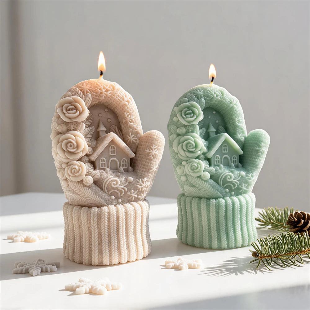 Winter cottage knitted mitten candles in cream, green and beige