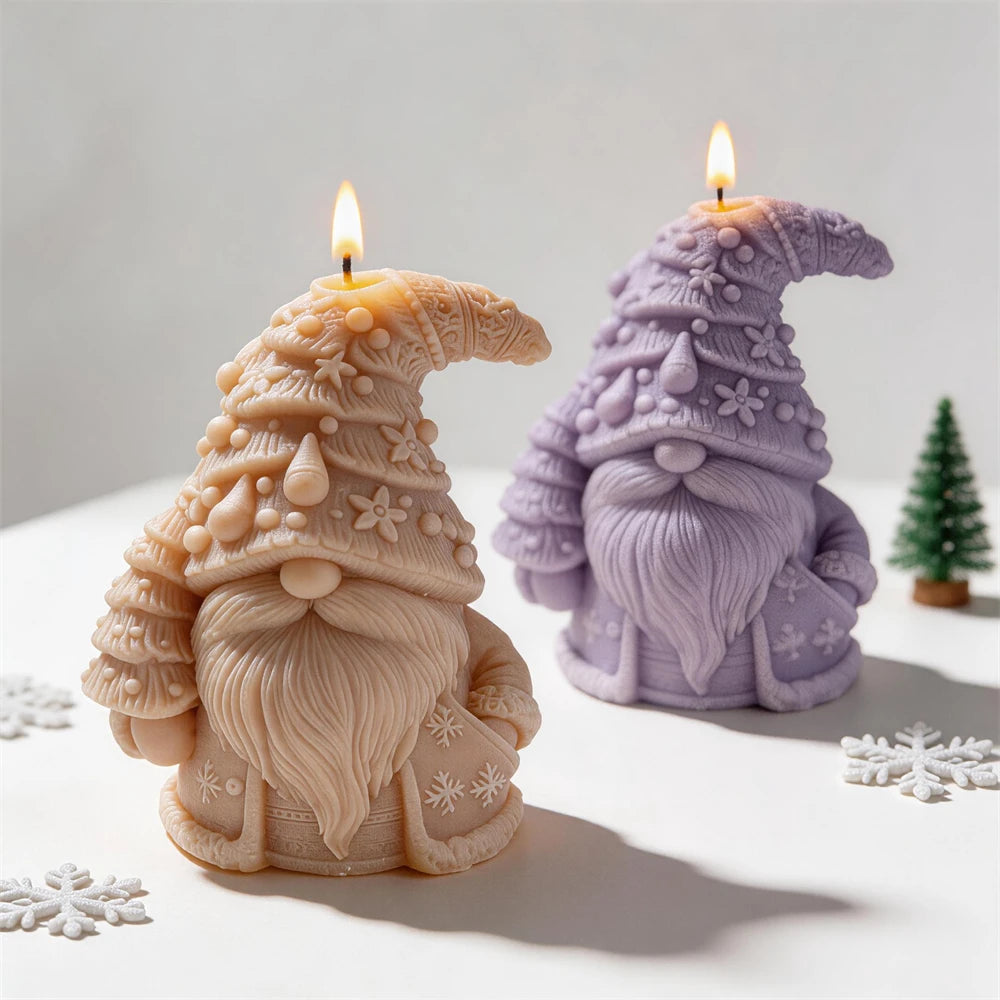 Christmas tree hat gnome candles in cream and pastel purple