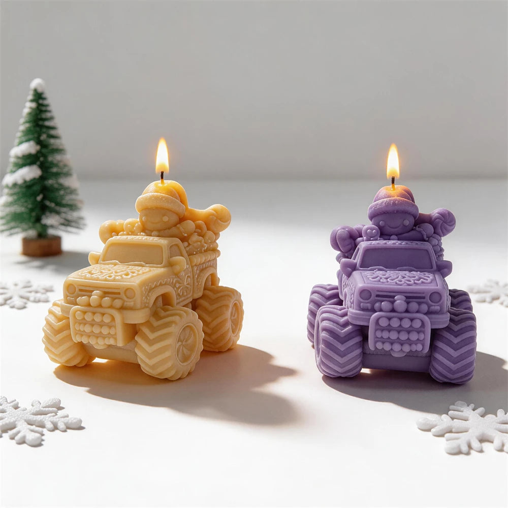 Gingerbread man Christmas car candles in cream, purple and red