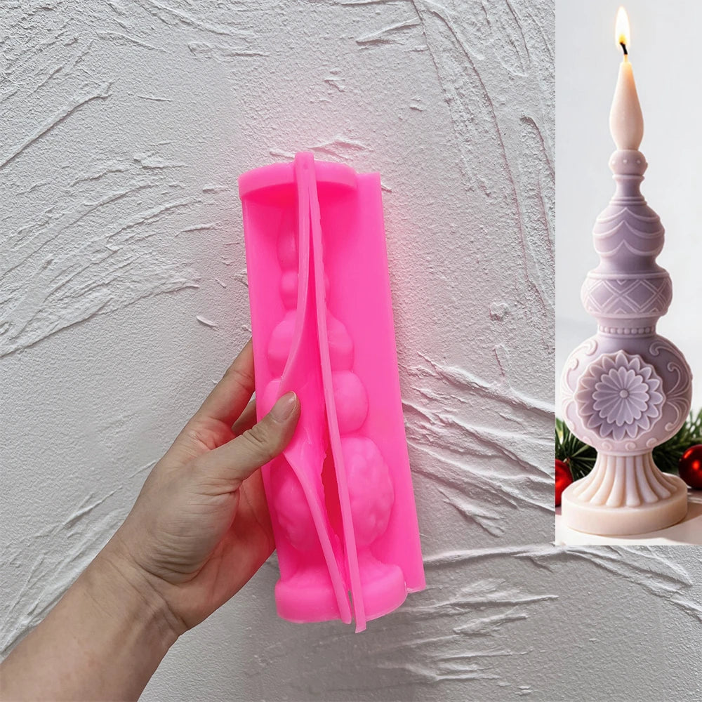 Pink silicone molds for making ornamental Christmas pillar candles