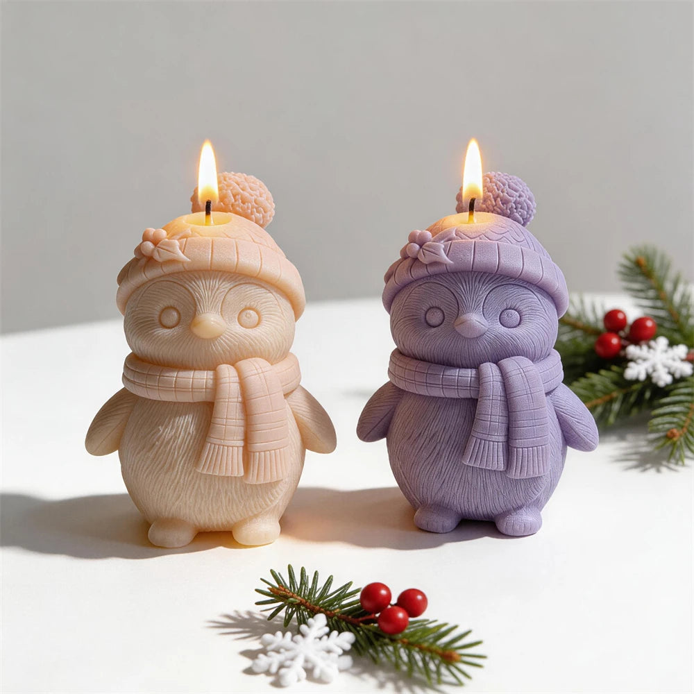 Knitted hat winter penguin candles in cream, pink and purple
