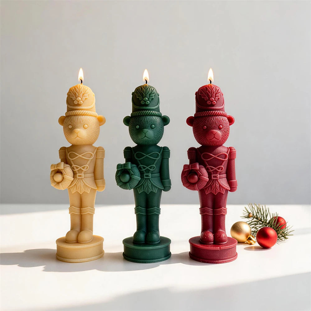 Freestanding bear soldier candles displayed with Christmas decorations