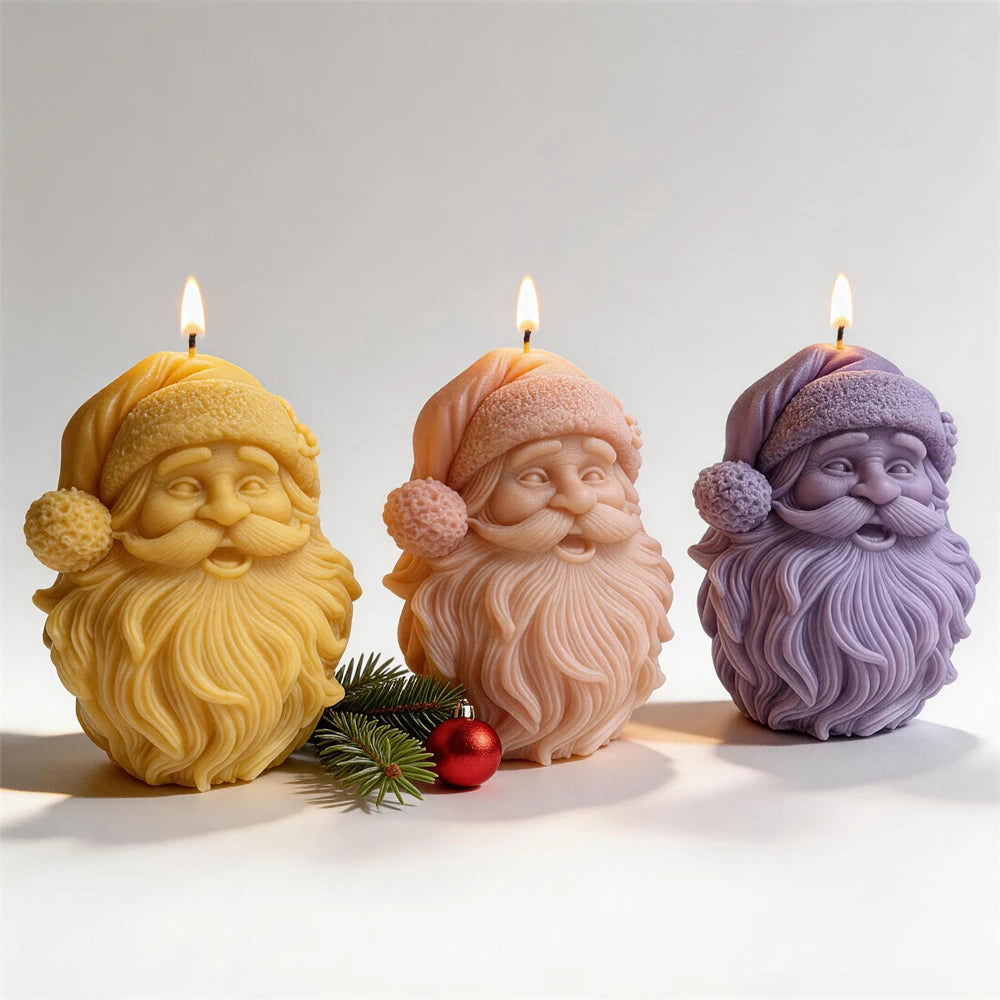 Santa Claus face candle with flowing beard and curled moustache