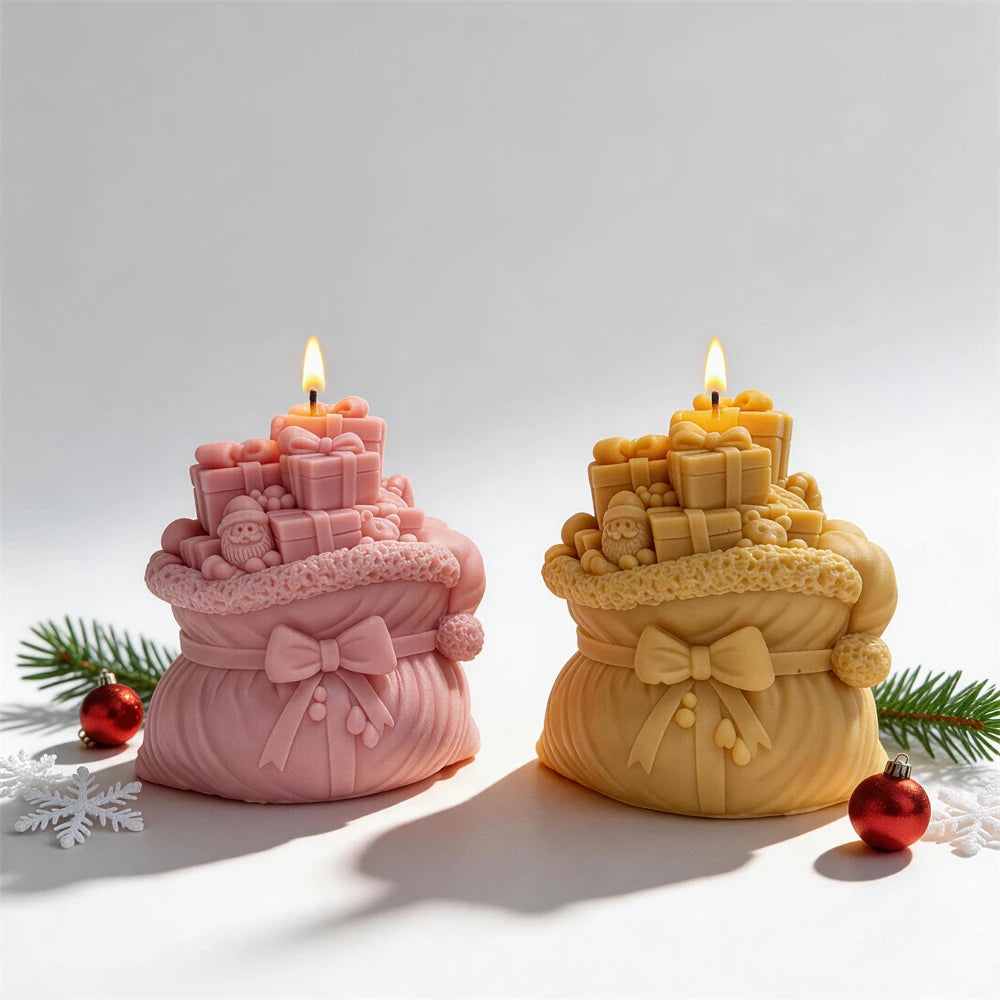 Santa gift sack candles filled with wrapped Christmas presents
