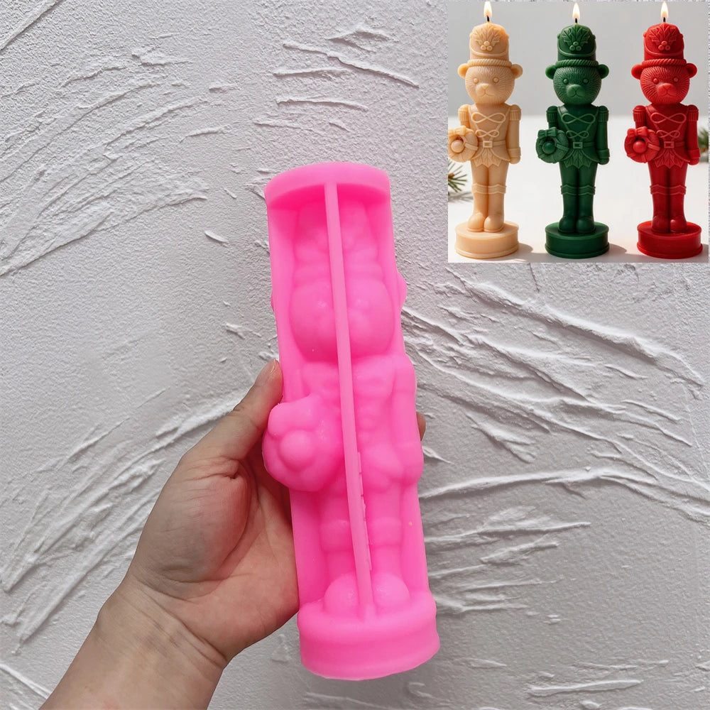 Pink silicone mold for creating a bear nutcracker candle