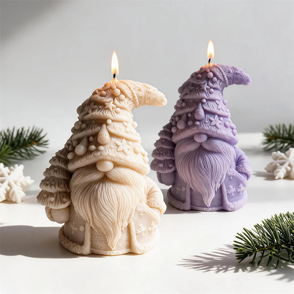 Christmas tree hat gnome candles in cream and pastel purple