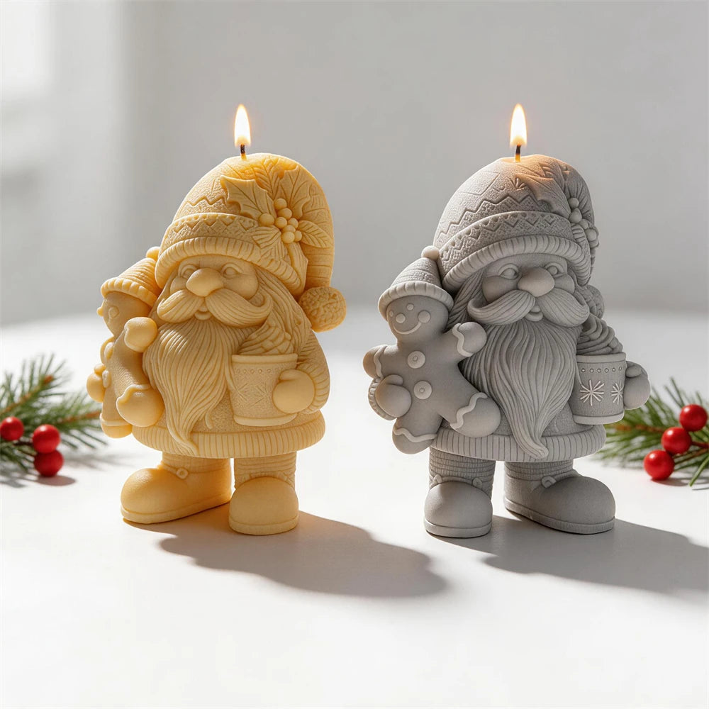 Christmas gnome candles holding a gingerbread man and festive mug