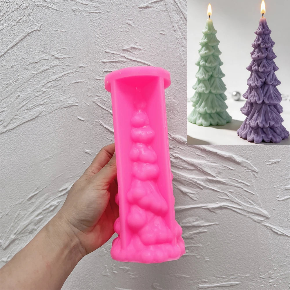 Pink silicone mold for making a tall Christmas tree candle