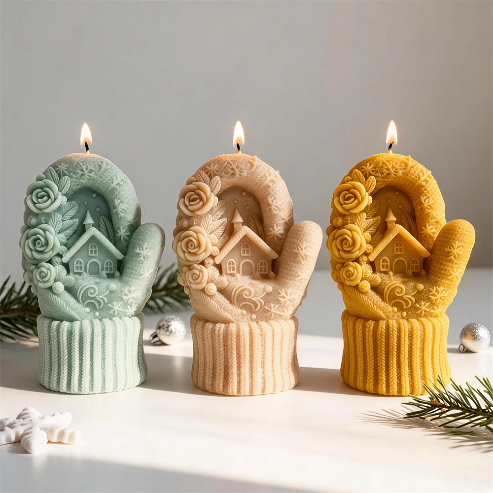 Christmas mitten candle featuring a cottage, pine tree and roses