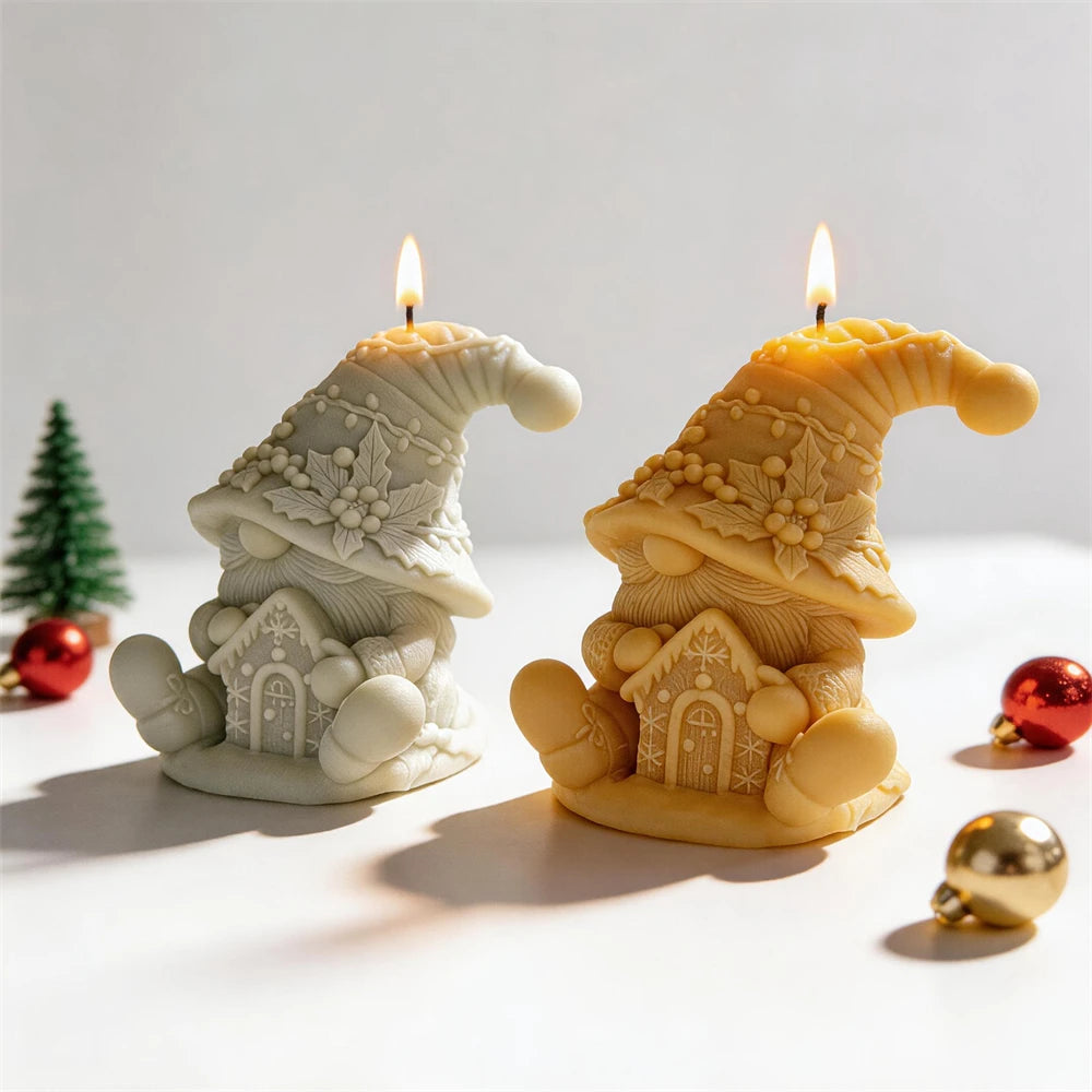 Festive gnome candles with snowflake house and berry decorations