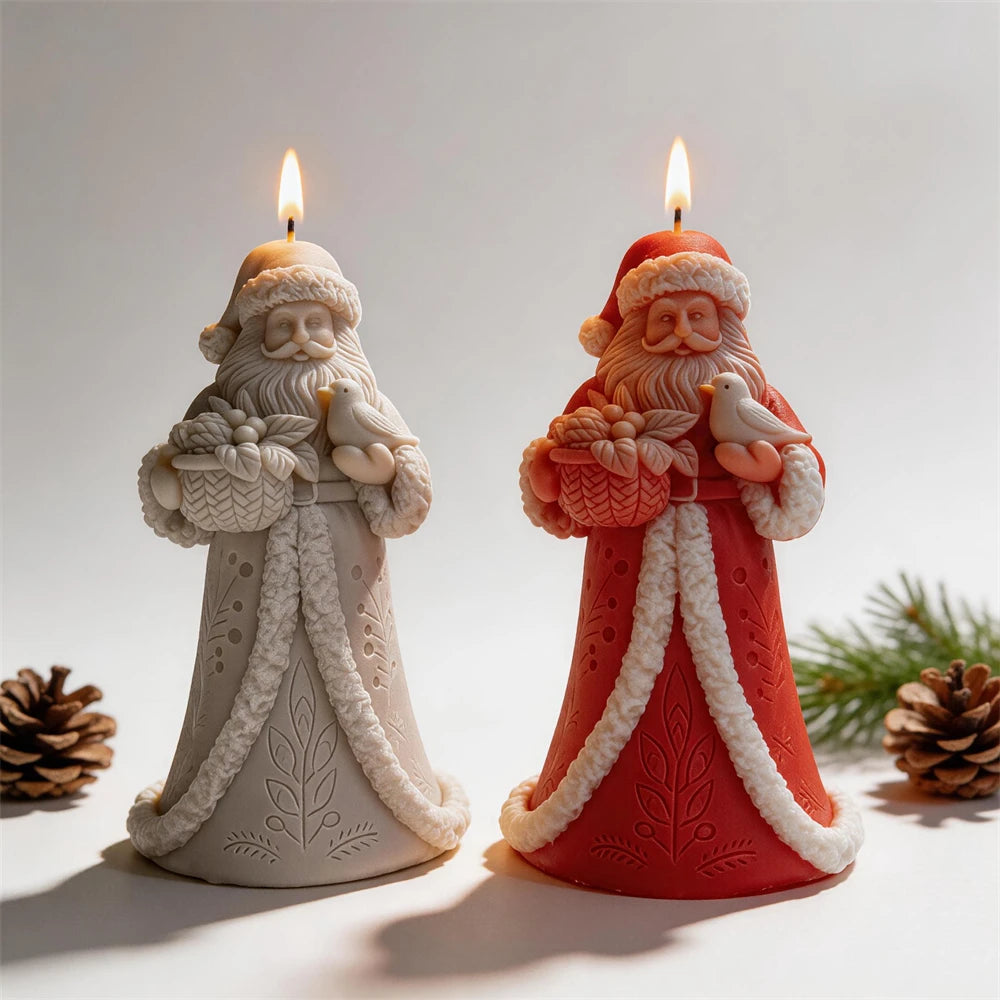 Woodland Santa candles holding a bird and botanical basket