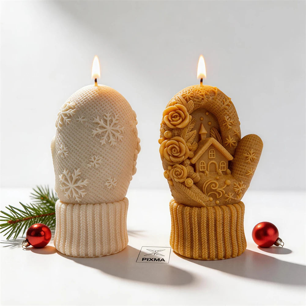 Winter cottage knitted mitten candles in cream, green and beige