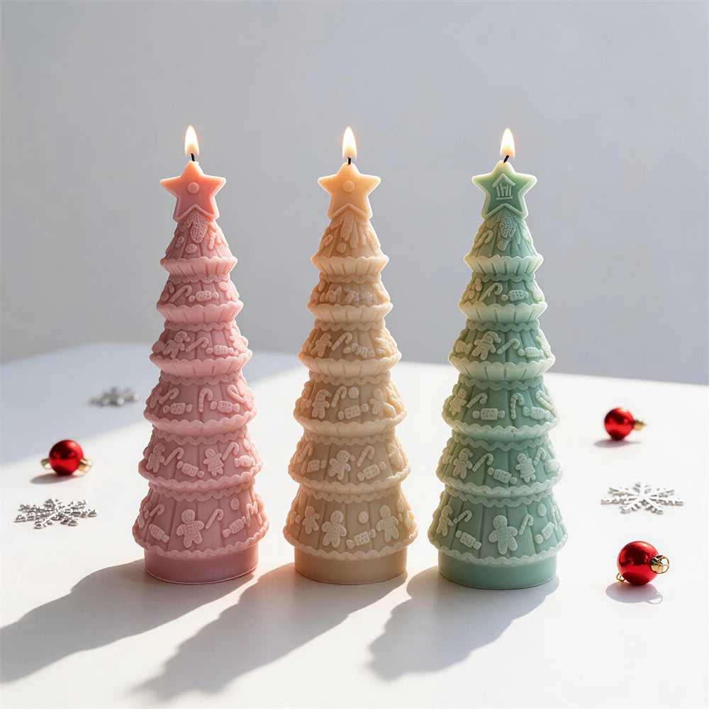 Gingerbread Christmas tree candles with tiered holiday decorations