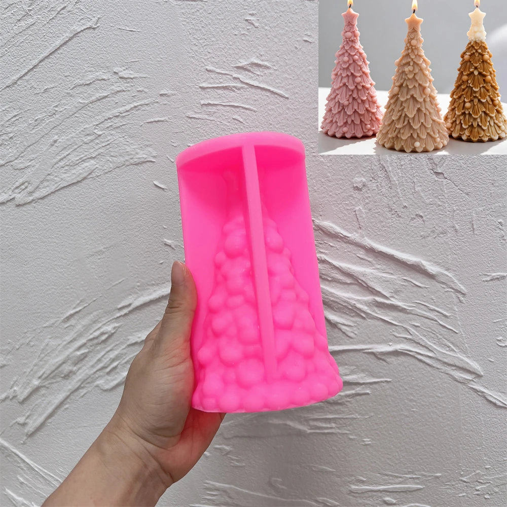 Pink silicone mold for creating a detailed Christmas tree candle