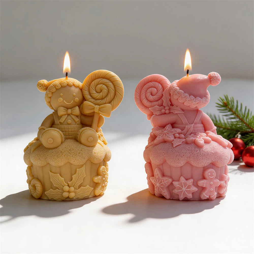 Gingerbread character candle holding a large spiral candy