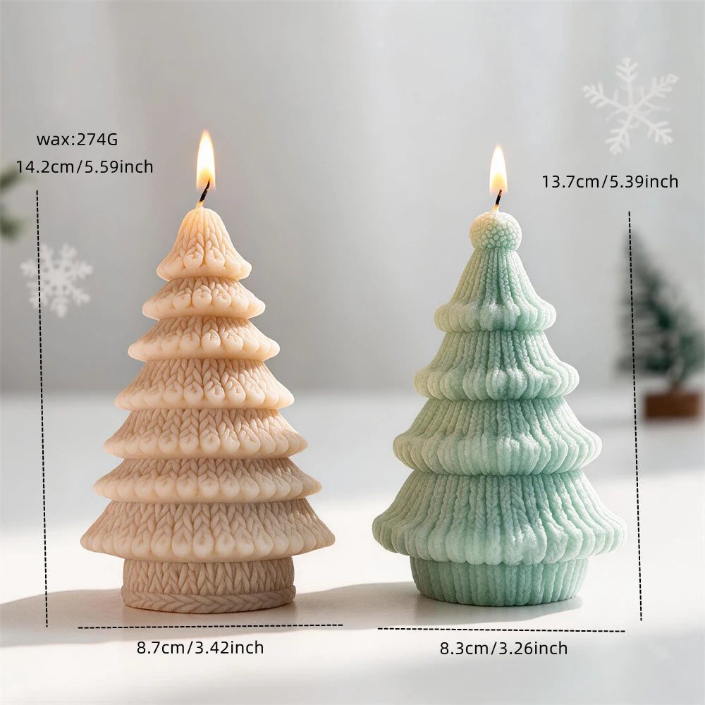 Knitted Christmas tree candles in leaf-stitch and ribbed yarn designs