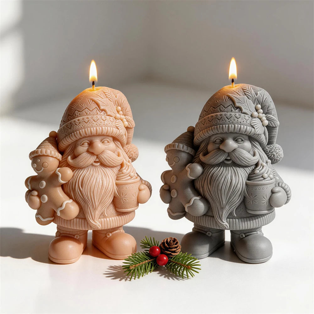 Christmas gnome candles displayed with pine branches and ornaments