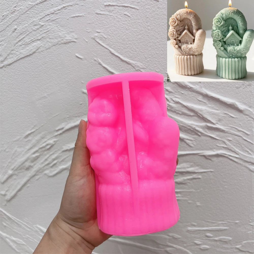 Pink silicone mold for creating a winter cottage mitten candle