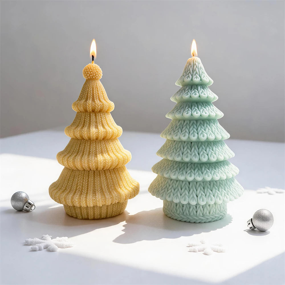 Knitted Christmas tree candles in leaf-stitch and ribbed yarn designs