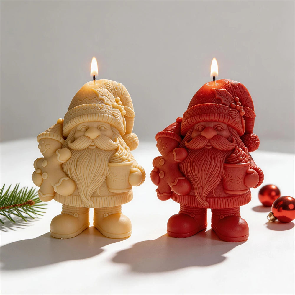 Christmas gnome candles holding a gingerbread man and festive mug