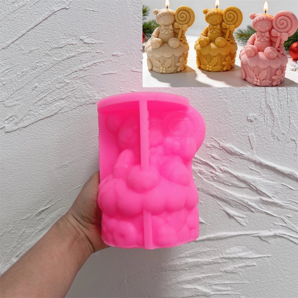 Pink silicone mold for creating a gingerbread lollipop candle