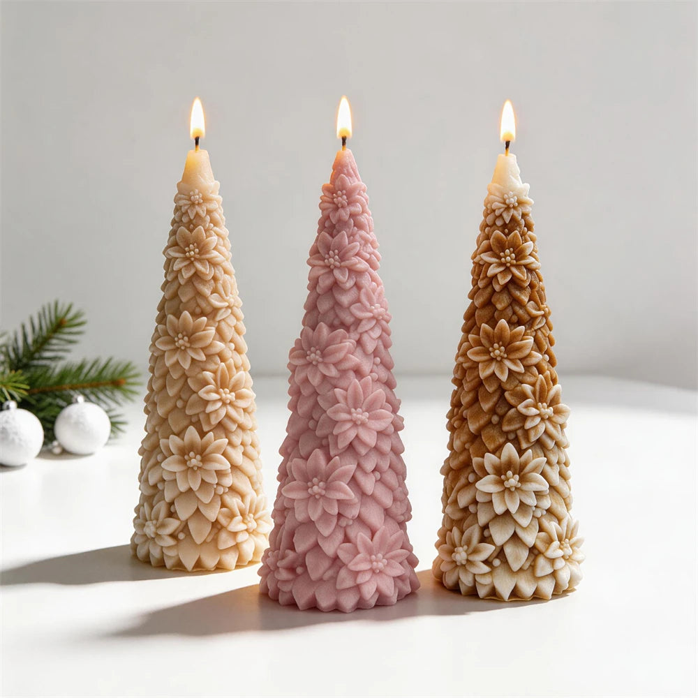 Poinsettia Christmas tree candles covered with layered floral details