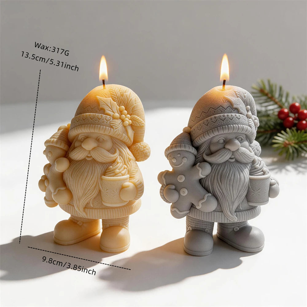 Christmas gnome candles displayed with pine branches and ornaments
