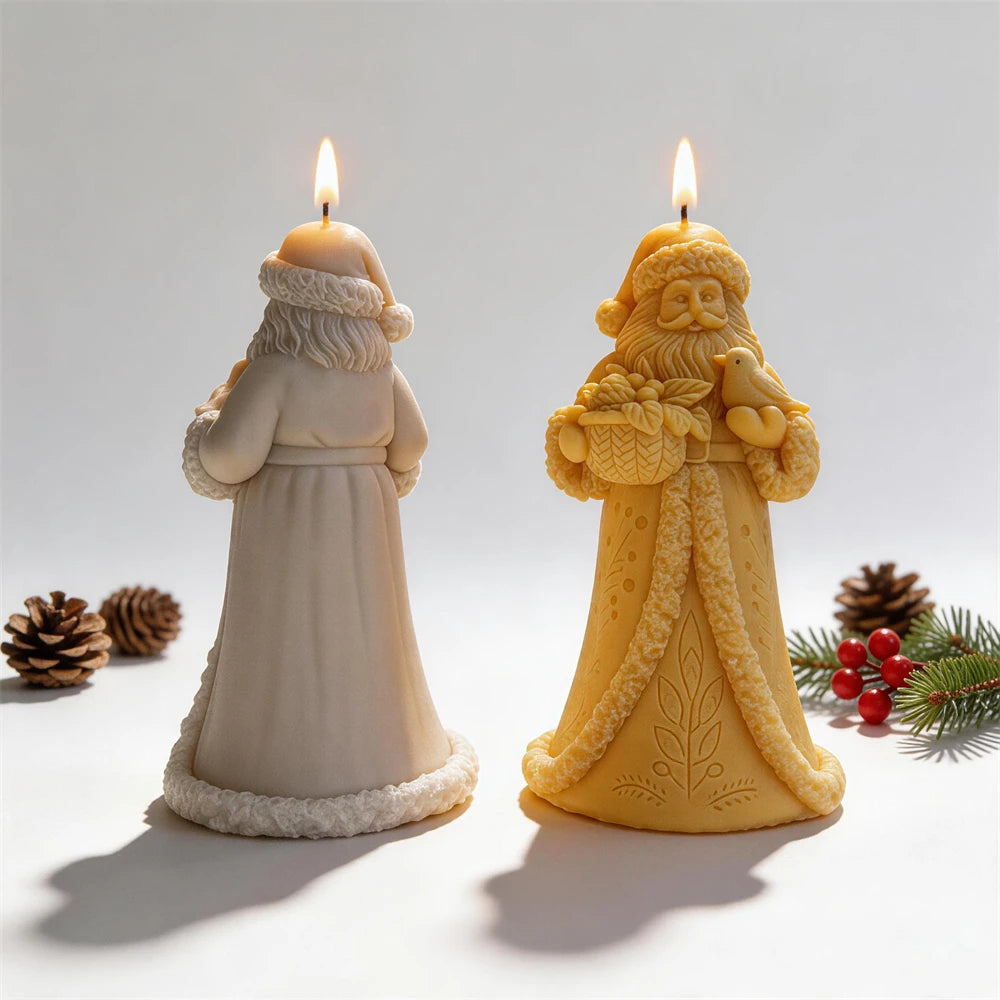 Father Christmas candle with flowing beard and embroidered winter robe