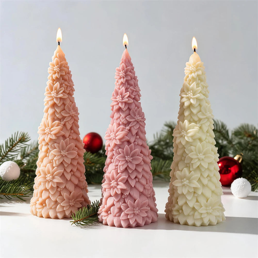 Pink, cream and brown poinsettia flower Christmas tree candles