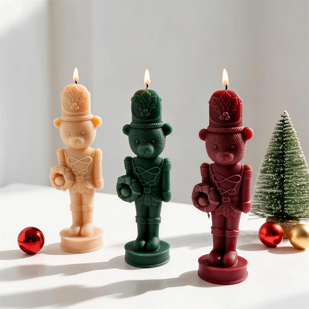 Freestanding bear soldier candles displayed with Christmas decorations