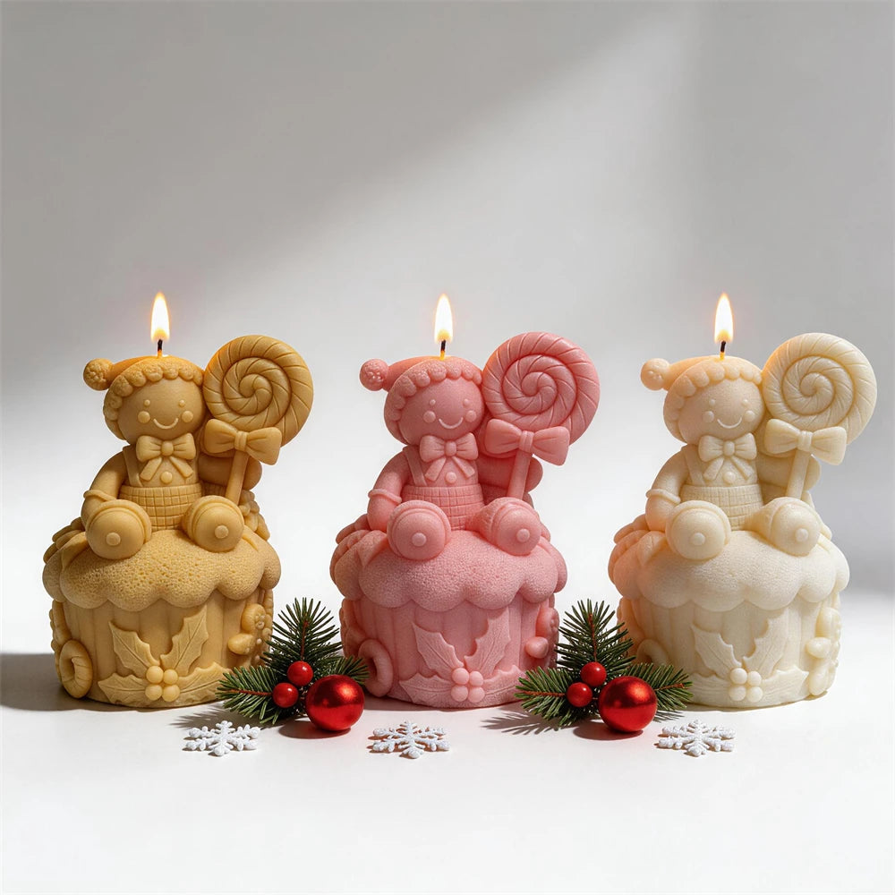 Festive gingerbread candles with candy, holly and cookie details