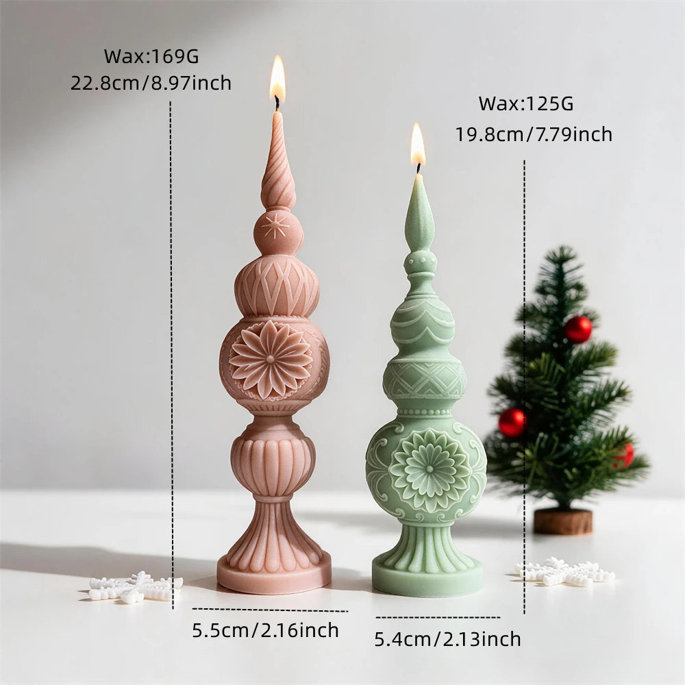 Christmas finial pillar candles in two ornate decorative designs
