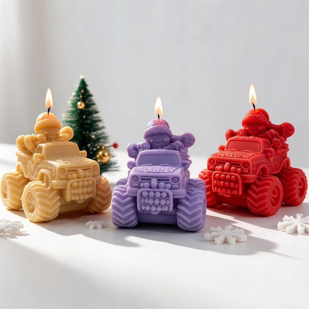 Christmas car candle with gingerbread character and chunky wheels