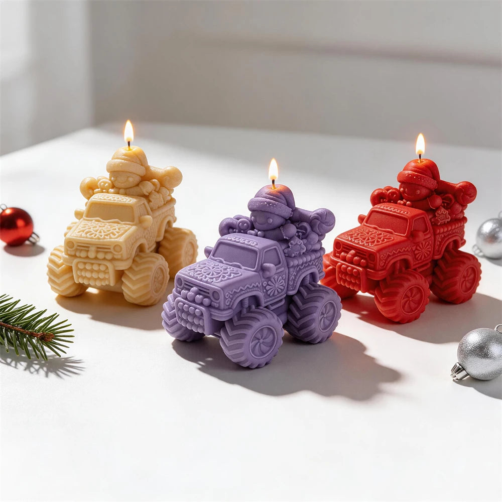 Gingerbread man Christmas car candles in cream, purple and red