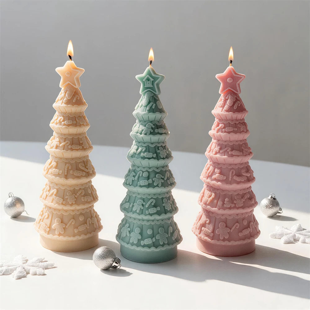 Gingerbread Christmas tree candles with tiered holiday decorations
