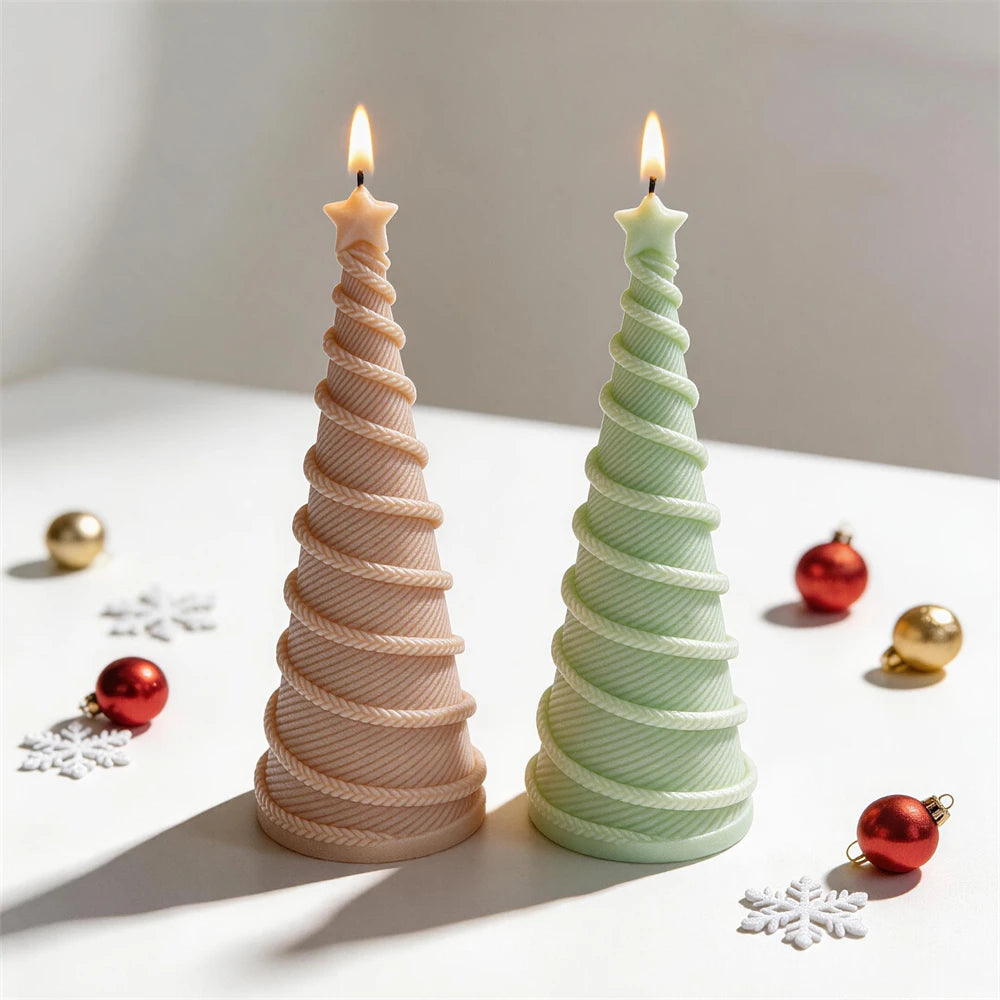 Spiral rope Christmas tree candles in beige and pastel green